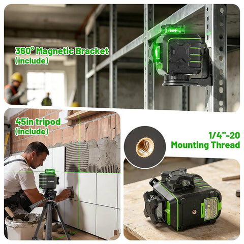 360 Degree Laser Level With Tripod Self Leveling Green Laser Tool For Pros Drop Proof Rugged Build With 60 Inch Drop Protection All Around Rubber Armor For Tough Jobsite Drops, on 45-inch tripod and magnetic bracket