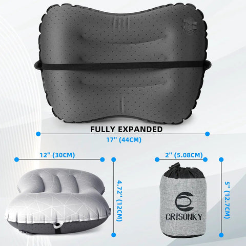 Ultralight Inflatable Camping Pillow for Backpacking and Air Travel with lumbar support, fully expanded and folded size view.
