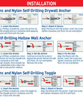 Installation guide for Heavy Duty Drywall Anchor Kit With 80 Hollow Wall Anchors And 60 Screws, showing zinc and nylon anchors.