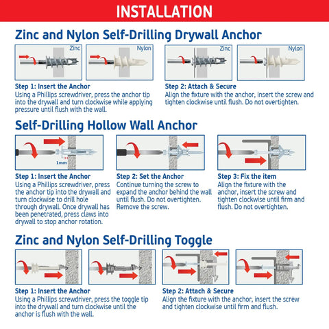 Installation guide for Heavy Duty Drywall Anchor Kit With 80 Hollow Wall Anchors And 60 Screws, showing zinc and nylon anchors.