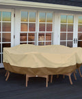 Veranda 94 Inch Round Patio Table And Chair Cover With Umbrella Hole, water-resistant cover installed on patio furniture