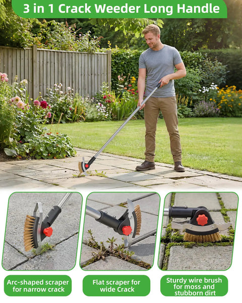 3 In 1 Long Reach Weeder With Stainless Steel Brush And Dual Scrapers, 58.6 Inch Adjustable Handle, for patio cracks