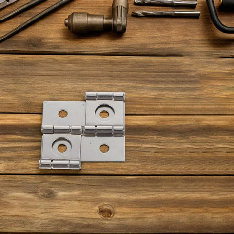 Four Pack Retro Iron Hinges With Dope Vintage Vibe Square Cabinet Hinges displayed on wood surface