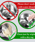Image showing cleaning instructions for Heavy Duty Electric Grain Mill Grinder 750G Capacity. Do not wash with water, use a dry rag.