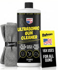 Ultrasonic gun cleaner concentrate bottle with gray cleaning cloth; Sylvan Made in USA, 16x uses for all guns.