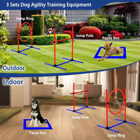 Durable Indoor Outdoor Dog Agility Set with Jump Rings, Poles, Pause Box in backyard and living room setup