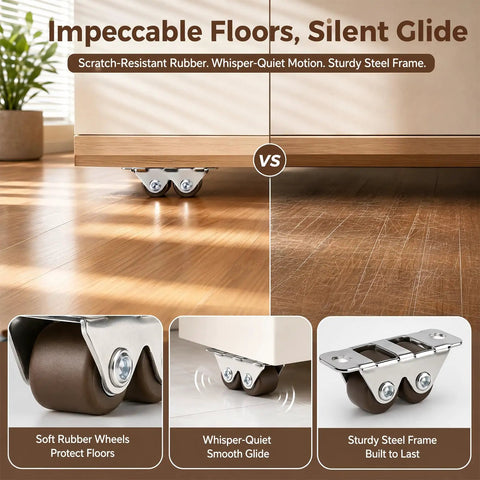Four Pack Mini Rigid Caster Wheels Double Row Steel Brackets With Brown Polyurethane Treads Built Tough Rolls Smooth mounted on furniture.