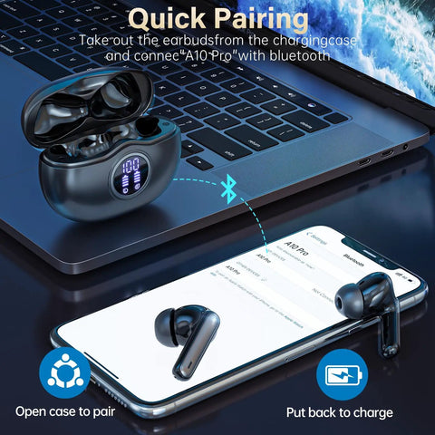 Wireless Earbuds With LED Power Display And 50 Hour Playtime Bluetooth 5.3 HiFi Stereo Earphones ENC Noise Cancellation IPX7 Waterproof Perfect For Gym Running And Workouts open case on laptop with phone