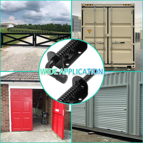 Rock Solid Spring Loaded Gate Latch Pin Pair Premium Stainless Steel Barrel Bolt for outdoor gates and sheds in various settings.