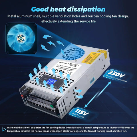 60V 600W Adjustable DC Power Supply With LED Digital Display Converts 110V Or 220V AC To 0 To 60V DC 10A Max Switching Converter For 3D Printers CCTV And Dimmable LED Projects With 5V 12V 24V 48V Buck Outputs, metal aluminum shell with cooling fan