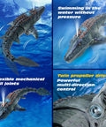 Remote Control Mosasaurus Vs Shark Dino Toy for Kids 3 4 5 6 7 with light spray and flexible tail in underwater setting
