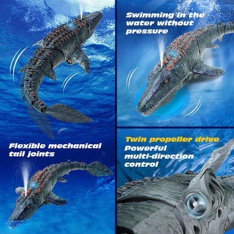Remote Control Mosasaurus Vs Shark Dino Toy for Kids 3 4 5 6 7 with light spray and flexible tail in underwater setting