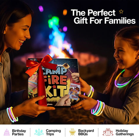 Family using Ultimate Campfire Fun Kit With Color Changing Flame Packs Glow Sticks And Fire Starters outdoors at night