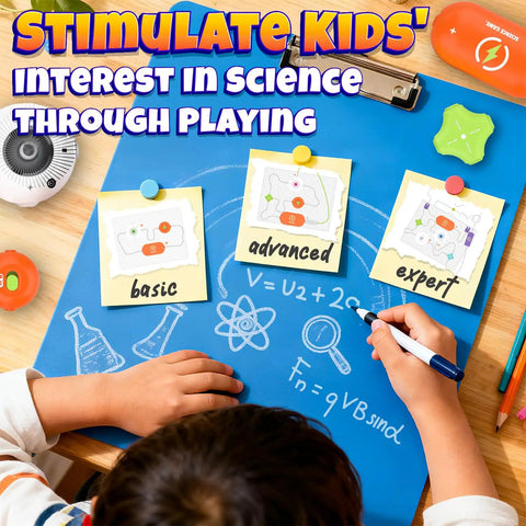 Child playing with Hands On Electronics Exploration Kit For Kids With Over 300 Projects And 16 Circuit Parts Including Infrared Sensor Gyroscope Hand Crank Generator And RGB Light Modules A Premium Awesome STEM Toy Gift For Boys And Girls Ages 5 To 12 on a blue mat with drawings and three skill level cards.