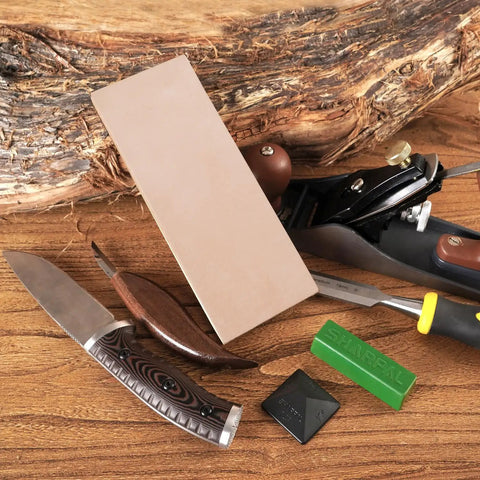 Pro Grade Leather Strop Kit 8x3 Inch Cowhide Strop Block With 2 Oz Green Polishing Compound And Angle Guide, knife, tools.