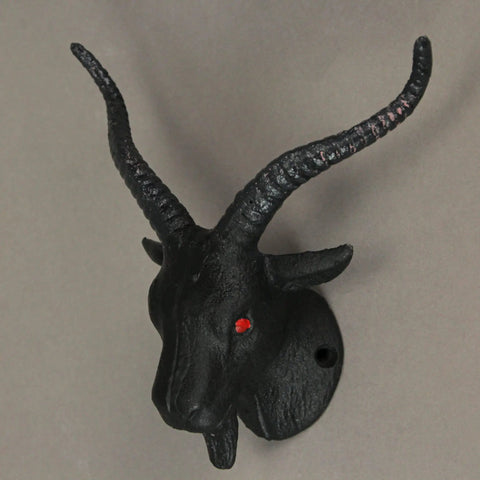 Badass Set Of Two Baphomet Coat Hooks 6 Inch Cast Iron Wall Mounts solid black Baphomet head hook with red eyes