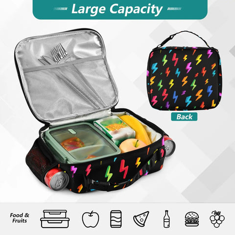 Unisex Insulated Lunch Bag With Shoulder Straps, Cool Portable Cooler Tote For Work, School, Travel And Kids, Keeps Meals Fresh With Premium Aluminum Lining, Ample Main Compartment And Side Pockets, open with food inside
