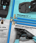 Front view of SHALL Pex crimping tool and Cinch cutter with blue PEX tubing and brass fittings