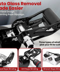 Windshield Removal Tool Kit With Dual Cutting Locking Function showing manual, drill, and wrench rope winding options