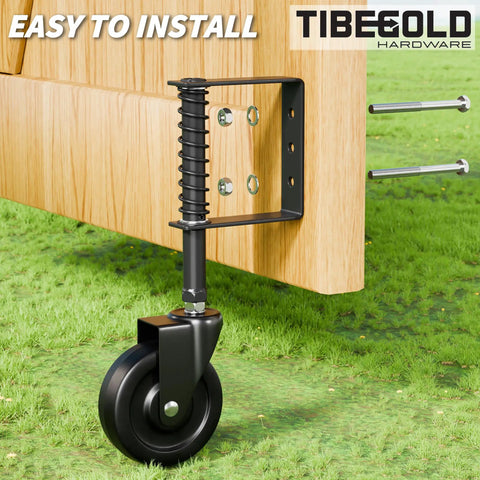 Real Deal Four Inch Spring Loaded Gate Wheel For Outside Wood Fences With Anti Sag Support Roller And Easy Roll Three Sixty Spin Built Tough To Hold Two Hundred Twenty Pounds Stress Free In Matte Black One Piece mounted on a wooden fence.