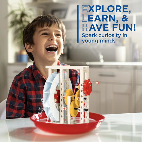 Hydropower Science Kit With 12 Hands On Experiments To Build Water Turbines Generate Electricity And Learn Renewable Energy And Environmental Science For Curious Kids And DIY Learners, child using waterwheel model