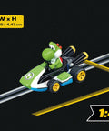 Carrera Mario Kart Yoshi 1 to 43 Scale Analog Slot Car on track, showing detailed tampo printing and scale dimensions.