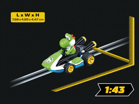 Carrera Mario Kart Yoshi 1 to 43 Scale Analog Slot Car on track, showing detailed tampo printing and scale dimensions.