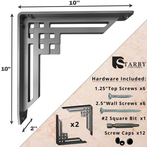 Beefy Heavy Duty Handmade Steel Shelf Brackets 2 Pack With 500 Lb Capacity, detailed view, hardware included, 10x10x2 inches