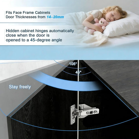 Top Rated Hidden Kitchen Cabinet Door Hinges For Full Overlay Doors With Smooth Self Closing Action and Quick Clip On Install showing 45-degree angle.