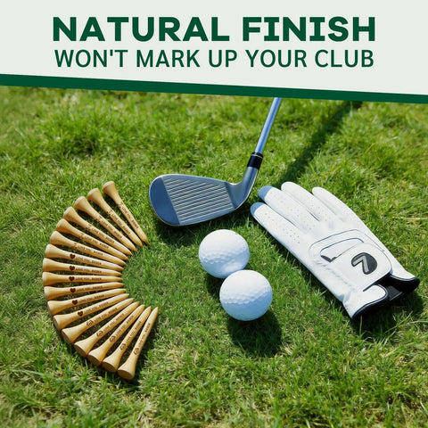Custom Golf Tees Set With Your Name Or Logo, Personalized Wooden Tees in grass with golf club, balls, and gloves