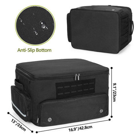 Heavy Duty Golf Trunk Organizer With Ventilated Shoe Compartment For Two Pairs Of Shoes Up To US Mens 16, Black with anti-slip bottom.