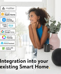 Woman smiling beside Keyless Entry Smart Lock With Wifi Electronic Deadbolt For Front Door, showcasing smart home integration options.