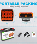 Image showing a Rechargeable Wireless Magnetic Amber LED Flashing Lights For Vehicles Portable Strobe Hazard Beacons Emergency Warning Light For Trucks Buses Tractors And Oversize Trailers with packaging and dimensions.