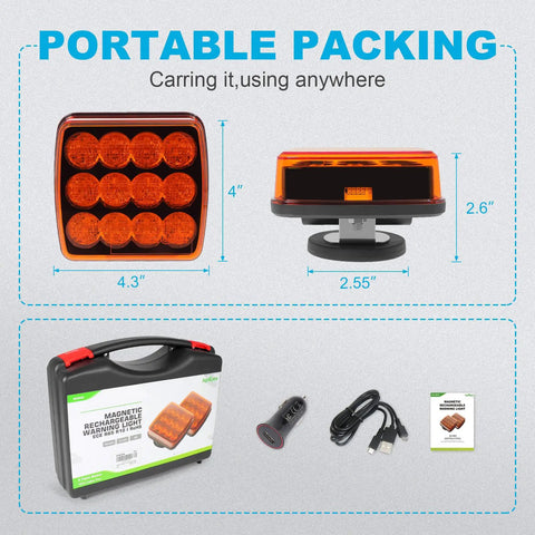 Image showing a Rechargeable Wireless Magnetic Amber LED Flashing Lights For Vehicles Portable Strobe Hazard Beacons Emergency Warning Light For Trucks Buses Tractors And Oversize Trailers with packaging and dimensions.