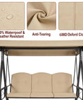 Heavy Duty Outdoor Swing Canopy Replacement Cover For 3 Seater Porch Swing All Weather Waterproof Khaki Top Shade 198x125cm