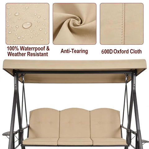 Heavy Duty Outdoor Swing Canopy Replacement Cover For 3 Seater Porch Swing All Weather Waterproof Khaki Top Shade 198x125cm