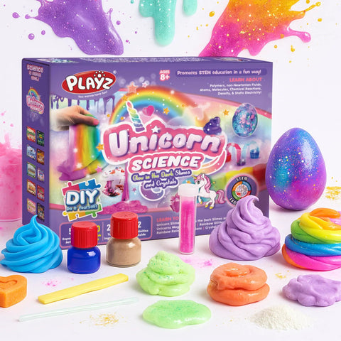 Unicorn Slime And Crystals Science Kit For Kids Ages 8 To 12, Over 100 Cool Experiments set with colorful slime and tools.