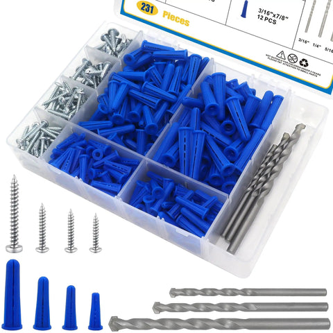 All In One Masonry Wall Anchors And Screws Kit With 3 Pc Drill Bit, 228 Pieces Including 114 Brick Anchors And 114 Self Tapping Screws