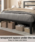 Heavy Duty Metal Platform Bed Frame With Attached Headboard And Dead Silent Construction In Premium Matte Black Finish showing under bed storage space.