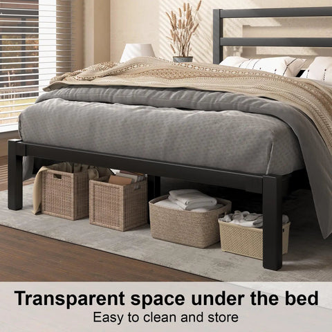 Heavy Duty Metal Platform Bed Frame With Attached Headboard And Dead Silent Construction In Premium Matte Black Finish showing under bed storage space.