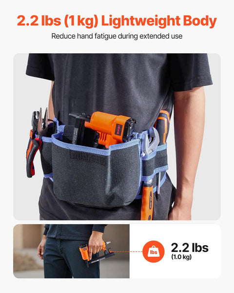 Pro Grade Pneumatic Staple Gun For Woodworking And Upholstering Projects Featuring Slick Firing 22 Gauge Design in a tool belt.