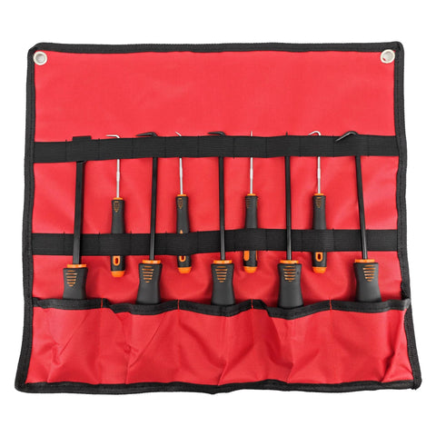Front view of DAYSLIVES 9-piece precision hook and pick set with scraper in red roll-up pouch