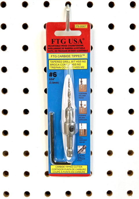 High Performance Tungsten Carbide Tipped Wood Countersink Bit For Number Six Screws in packaging with detailed specifications.