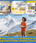 Kid Friendly Indoor Quadcopter with 2 Modular Batteries shown with headless mode, altitude hold, one key takeoff, and boy playing