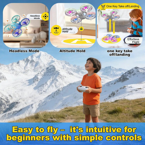 Kid Friendly Indoor Quadcopter with 2 Modular Batteries shown with headless mode, altitude hold, one key takeoff, and boy playing