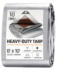 Heavy Duty 8x10 Ft Tarp Waterproof 10 Mil Thick Reversible Silver And Brown Outdoor Cover with product label visible