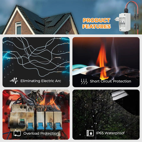 Image showing features of Solar Panel Disconnect Switch 400V DC And AC 20A Mini Breaker with IP65 waterproof and circuit protection.