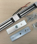 Heavy Duty Beefed-Up 600 Lbs Magnetic Door Lock With 12V Power, High Holding Force Electromagnetic Lock For Access Control Systems In Banks And Offices, Aluminum Housing With MOV Protection, Fits Wood Metal Glass Doors, Ultra Secure components spread on table