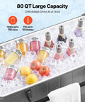 80 Quart Rolling Ice Chest With Divider Holds 110 Cans Or 50 Bottles Portable Outdoor Drink Cart filled with bottles and fruit on ice