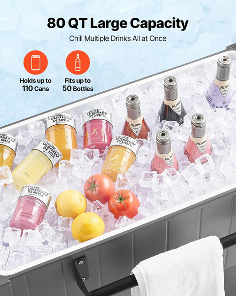 80 Quart Rolling Ice Chest With Divider Holds 110 Cans Or 50 Bottles Portable Outdoor Drink Cart filled with bottles and fruit on ice